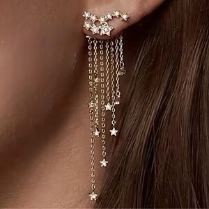 New Unique Gold-Tone Star Dangle Earrings (3” long x 0.75” wide)